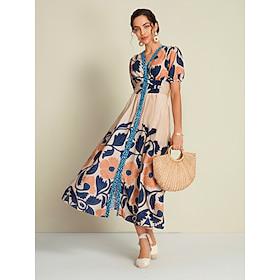 Floral High Waist Short Sleeve V Neck Maxi Dress