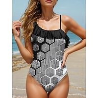 Women's Swimwear One Piece Monokini Bathing Suits Normal Swimsuit Ruffle Open Back Printing High Waisted Geometic Scoop Neck Sports Fashion Bathing Suits Lightinthebox