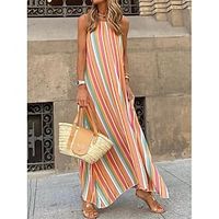 Women's Casual Dress Swing Dress Stripe Print Asymmetrical Crew Neck Long Dress Maxi Dress Bohemia Maxi Holiday Vacation Sleeveless Loose Fit Orange Summer S M L XL Lightinthebox