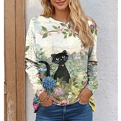 Women's T shirt Tee Cat Green Print Long Sleeve Holiday Weekend Fashion Funny Round Neck Regular Fit Spring   Fall Lightinthebox
