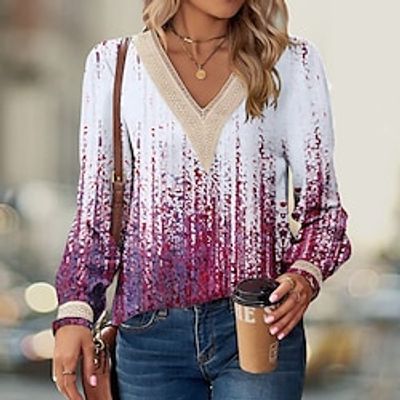 Women's Blouse Red Blue Green Tie Dye Lace Print Long Sleeve Casual Fashion V Neck Regular Fit Spring   Fall Lightinthebox
