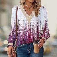 Women's Blouse Red Blue Green Tie Dye Lace Print Long Sleeve Casual Fashion V Neck Regular Fit Spring   Fall Lightinthebox - thumbnail