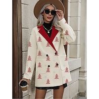 Women's Christmas Coat Christmas Tree Print Single Breasted Lapel Jacket Fall Party Wear Warm Windproof Lightinthebox - thumbnail