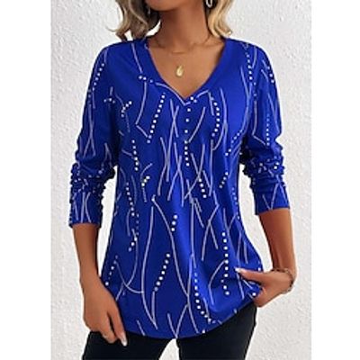 Women's T shirt Tee Striped Pink Red Blue Print Long Sleeve Daily Weekend Fashion V Neck Regular Fit Spring   Fall Lightinthebox