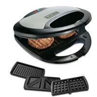 Black+Decker 3 in 1 Sandwich and Waffle Maker, 750W, Black/Silver - TS2090-B5