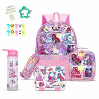 Eazy Kids - 17 School Bag Bento Box Glitter 550Ml Water Bottle Lunch Bag Pencil Case Set Of 5 - Girl Things Pink