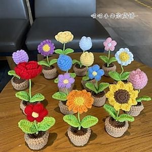 Diy Hand-Woven Mini Small Potted Flower Wool Crochet Material Package Finished Office Decoration Car Interior Accessories miniinthebox