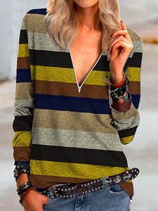 V Neck Zip-up Striped Long Sleeve T-shirt