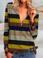 V Neck Zip-up Striped Long Sleeve T-shirt - thumbnail