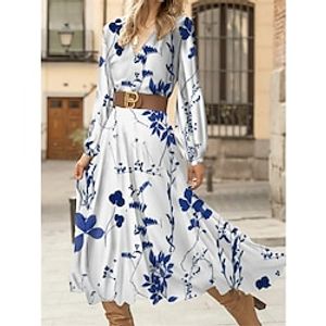 Women's casual dress Swing dress A-line dress Flower ruffle print V-neck midi dress Fashion street wear Outdoor street long sleeved loose white blue autumn and winter belt not available S M L XL XXL Lightinthebox