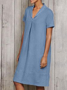 V-neck Loose Casual Solid Color Short-sleeved Short Dress