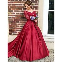 A-Line Evening Gown Floral Dress Sweet 16 Chapel Train Long Sleeve V Neck Satin with Appliques 2023 Lightinthebox