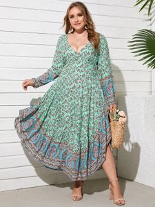 YOINS Plus Size V-neck Tribal Long Sleeves Maxi Dress