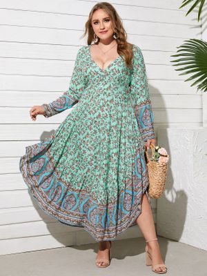 YOINS Plus Size V-neck Tribal Long Sleeves Maxi Dress