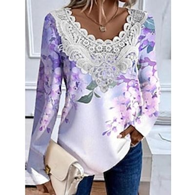 Women's Shirt Blouse Floral Black Red Blue Print Lace Long Sleeve Casual Holiday Fashion V Neck Regular Fit Spring   Fall Lightinthebox