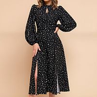 Women's A Line Dress Midi Dress Black Long Sleeve Polka Dot Split Spring Summer Round Neck Stylish Casual Modern 2022 S M L XL XXL miniinthebox - thumbnail