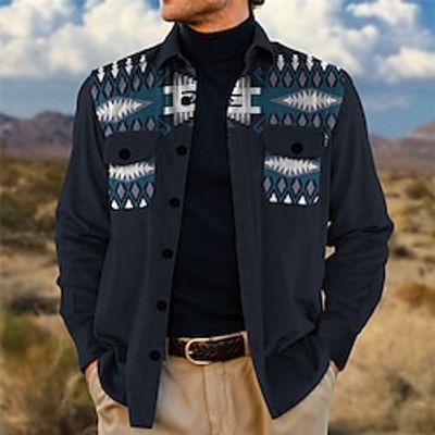 Tribal Geometry Bandana Print Vintage Tribal Men's Shirt Shirt Jacket Shacket Outdoor Street Casual Daily Fall  Winter Turndown Long Sleeve Blue Brown S M L Shirt Lightinthebox