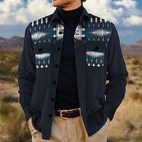 Tribal Geometry Bandana Print Vintage Tribal Men's Shirt Shirt Jacket Shacket Outdoor Street Casual Daily Fall  Winter Turndown Long Sleeve Blue Brown S M L Shirt Lightinthebox - thumbnail