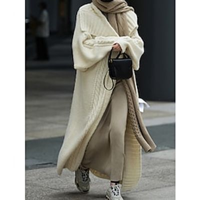 Women's Cardigan Shirt Collar Ribbed Knit Polyester Knitted Fall Winter Long Outdoor Daily Going out Stylish Casual Soft Long Sleeve Solid Color Khaki Dark Gray Beige One-Size Lightinthebox