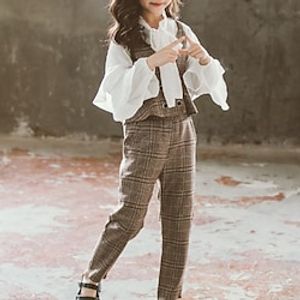 3 Pieces Kids Girls' Clothing Set Outfit Plaid Long Sleeve Cotton Set Vacation Fashion Spring 3-12 Years Brown Gray miniinthebox