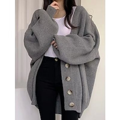 Women's Cardigan Sweater Open Front Ribbed Knit Cotton Patchwork Button Fall Winter Long Outdoor Daily Going out Stylish Casual Soft Long Sleeve Solid Color Beige Coffee Gray One-Size miniinthebox
