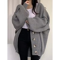Women's Cardigan Sweater Open Front Ribbed Knit Cotton Patchwork Button Fall Winter Long Outdoor Daily Going out Stylish Casual Soft Long Sleeve Solid Color Beige Coffee Gray One-Size miniinthebox - thumbnail