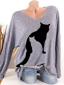 V Neck Cat Printed Long Sleeve T-Shirt