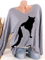 V Neck Cat Printed Long Sleeve T-Shirt - thumbnail