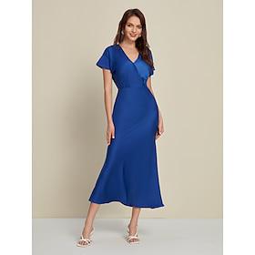 Satin Wedding Guest Bodycon Trumpet Mermaid Short Sleeve Backless Midi Dress