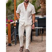 Men's Shirt Linen Shirt 2 Piece Shirt Set Summer Shirt Beach Shirt Khaki Short Sleeve Solid Color Lapel Summer Spring Casual Daily Clothing Apparel Lightinthebox