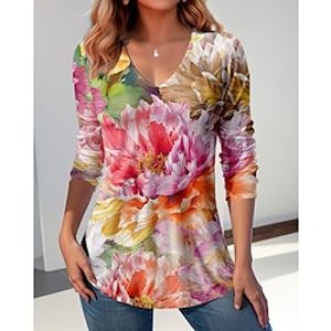 Women's T shirt Tee Floral Pink Print Long Sleeve Holiday Weekend Fashion V Neck Regular Fit Spring   Fall Lightinthebox