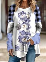 Women's Retro Christmas Snowman Patchwork Plaid Print Long-sleeved Top