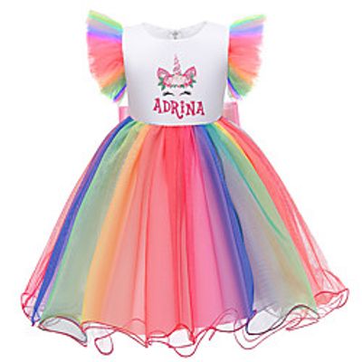 Kids Little Girls' Dress Rainbow Cartoon Bow White Purple Blushing Pink Midi Sleeveless Cute Dresses Regular Fit Lightinthebox