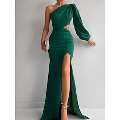 A-Line Evening Gown Elegant Dress Formal Sweep  Brush Train Christmas Red Green Dress Long Sleeve One Shoulder Stretch Fabric with Pleats Ruched Slit 2023 Lightinthebox
