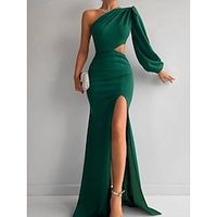 A-Line Evening Gown Elegant Dress Formal Sweep  Brush Train Christmas Red Green Dress Long Sleeve One Shoulder Stretch Fabric with Pleats Ruched Slit 2023 Lightinthebox - thumbnail