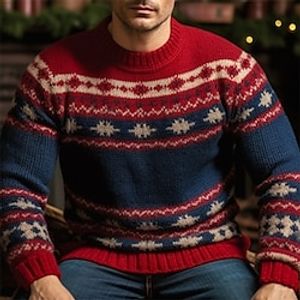 Color Block Stripe Retro Vintage Men's Knitting Print Pullover Sweater Jumper Knitwear Outdoor Daily Vacation Long Sleeve Crewneck Sweaters Wine Navy Blue Fall Winter S M L Sweaters Lightinthebox