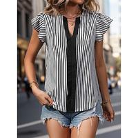 Women's Shirt Blouse Striped Daily Vacation Ruffle Print Black Short Sleeve Casual V Neck Summer Lightinthebox