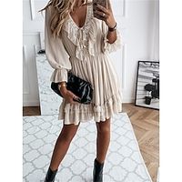 Women's Casual Dress Winter Dress Plain Dress Mini Dress Ruched Ruffle Outdoor Street Daily Fashion Streetwear V Neck Long Sleeve 2023 Regular Fit Apricot Color S M L XL Size Lightinthebox - thumbnail