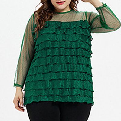 Women's Plus Size Tops Blouse Shirt Plain Ruffle Mesh Long Sleeve Crewneck Basic Daily Going out Nylon Spring Summer Gray Dark Green Lightinthebox