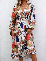 Women's Vintage Floral Print V Neck Long Sleeve Dress