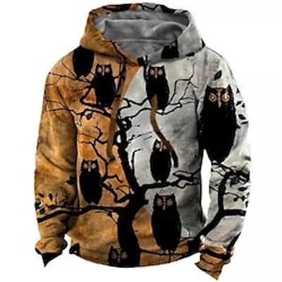 Men's Unisex Pullover Hoodie Sweatshirt Orange Hooded Owl Graphic Prints Print Halloween Daily Sports 3D Print Streetwear Designer Casual Spring   Fall Clothing Apparel Hoodies Sweatshirts  Long miniinthebox