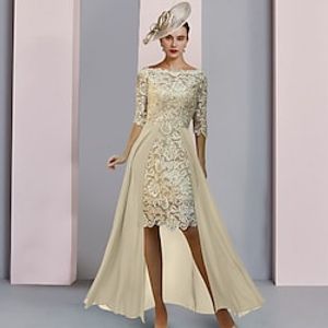 Sheath  Column Mother of the Bride Dress Formal Wedding Guest Elegant Scoop Neck Knee Length Chiffon Lace Half Sleeve with Appliques 2023 Lightinthebox