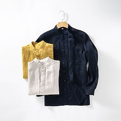 Men's Shirt Linen Shirt Casual Shirt Yellow Navy Blue Green Long Sleeve Plain Standing Collar Spring   Fall Casual Daily Clothing Apparel Lightinthebox