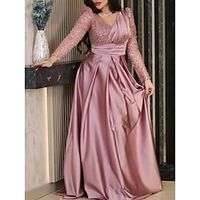 A-Line Evening Gown Elegant Dress Formal Sweep  Brush Train Long Sleeve V Neck Satin with Pleats Ruched Sequin 2023 Lightinthebox - thumbnail