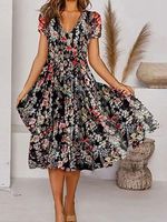 V-neck Casual Loose Floral Print Resort Short Sleeve Midi Dress