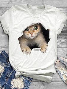 Round Neck Casual Loose Cat Print Short Sleeve T-Shirt