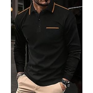 Men's Polo Shirt Button Up Polos Casual Sports Lapel Long Sleeve Fashion Basic Color Block Patchwork Button Spring   Fall Regular Fit Black Polo Shirt Lightinthebox