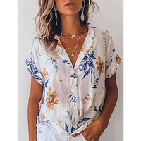 Women's Shirt Flower Leaves Casual Beach White Yellow Blue Button Print Short Sleeve Casual Print Shirt Collar Form Fit Spring  Summer Lightinthebox