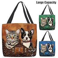 Women's Tote Shoulder Bag Canvas Tote Bag Polyester Shopping Daily Holiday Print Large Capacity Foldable Lightweight Cat Dog Blue Green Coffee Lightinthebox - thumbnail