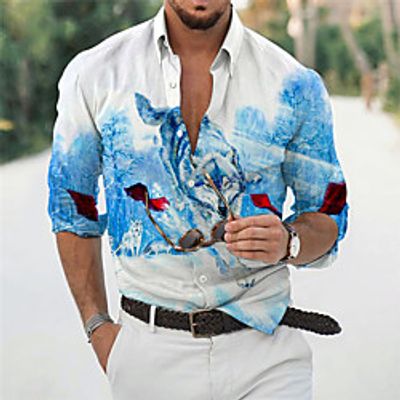 Men's Shirt 3D Print Wolf Animal Turndown Daily Holiday 3D Print Button-Down Long Sleeve Tops Casual Fashion Breathable Blue Lightinthebox
